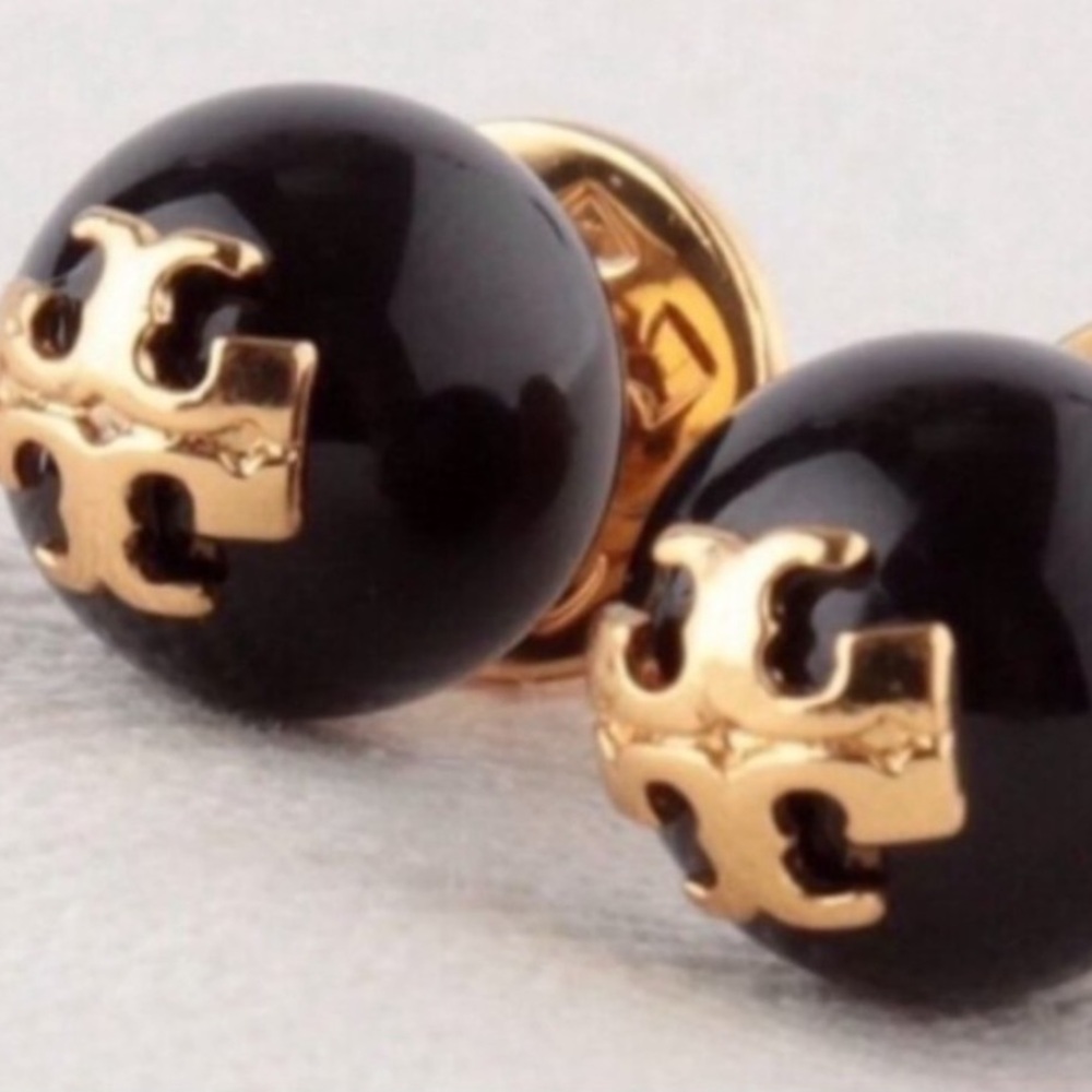 Tory Burch Evie gold logo black pearl earrings - Picture 2 of 7